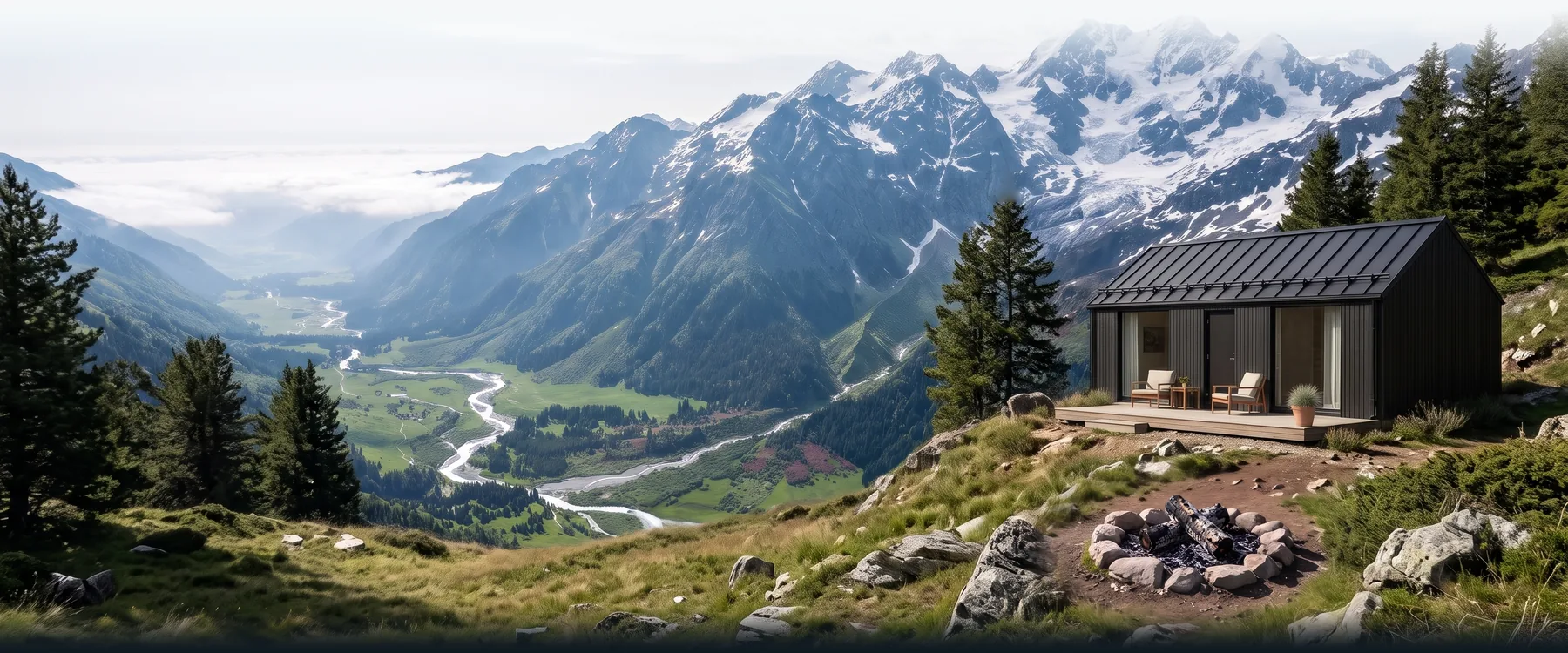 Loke 30 by Tiny House Factory beside a fire pit on a hillside above the valley.