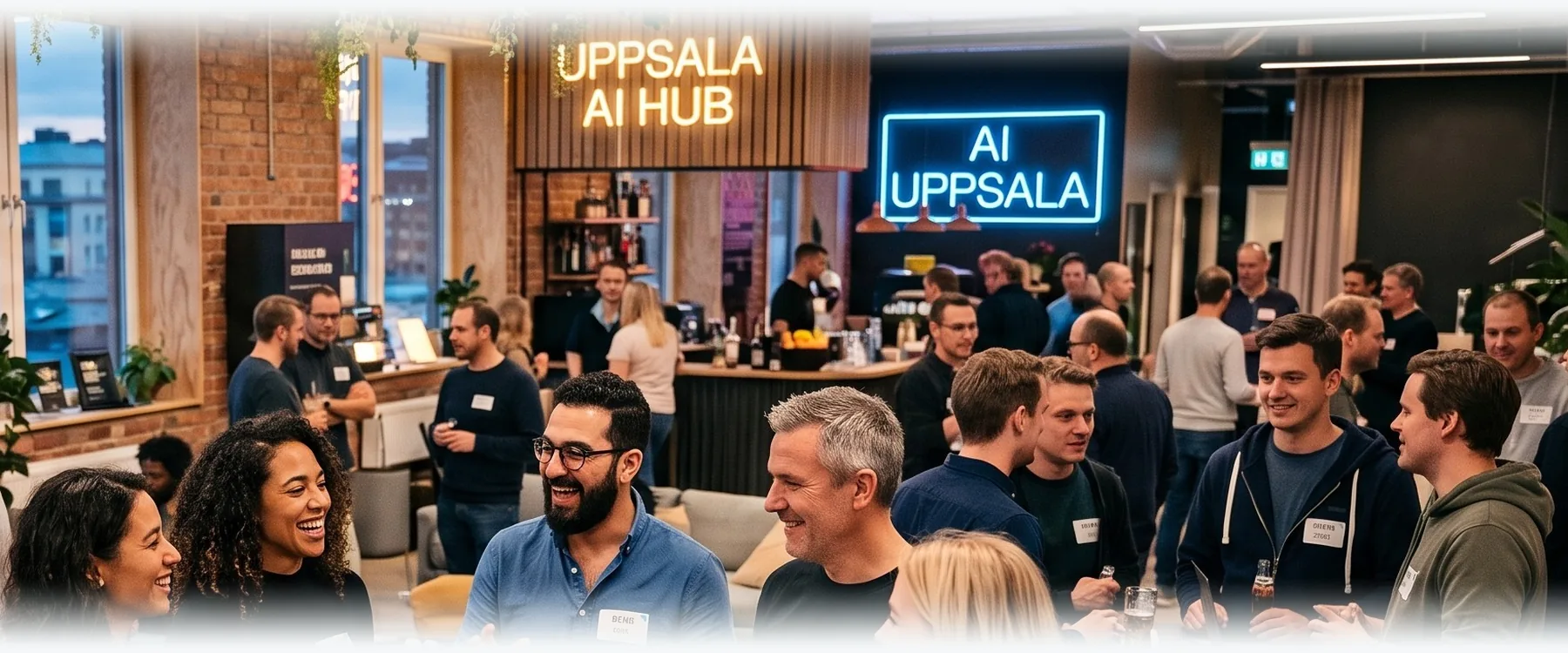 AI-generated image of people mingling in a venue with signs for AI Uppsala.